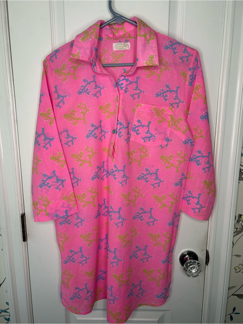 Mud Pie Pink Nightgown with Blue and Yellow Coral Print